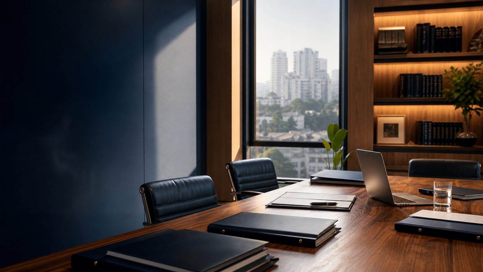 Sala de reunião de escritório de advocacia com mesa, pastas, notebook e luz natural